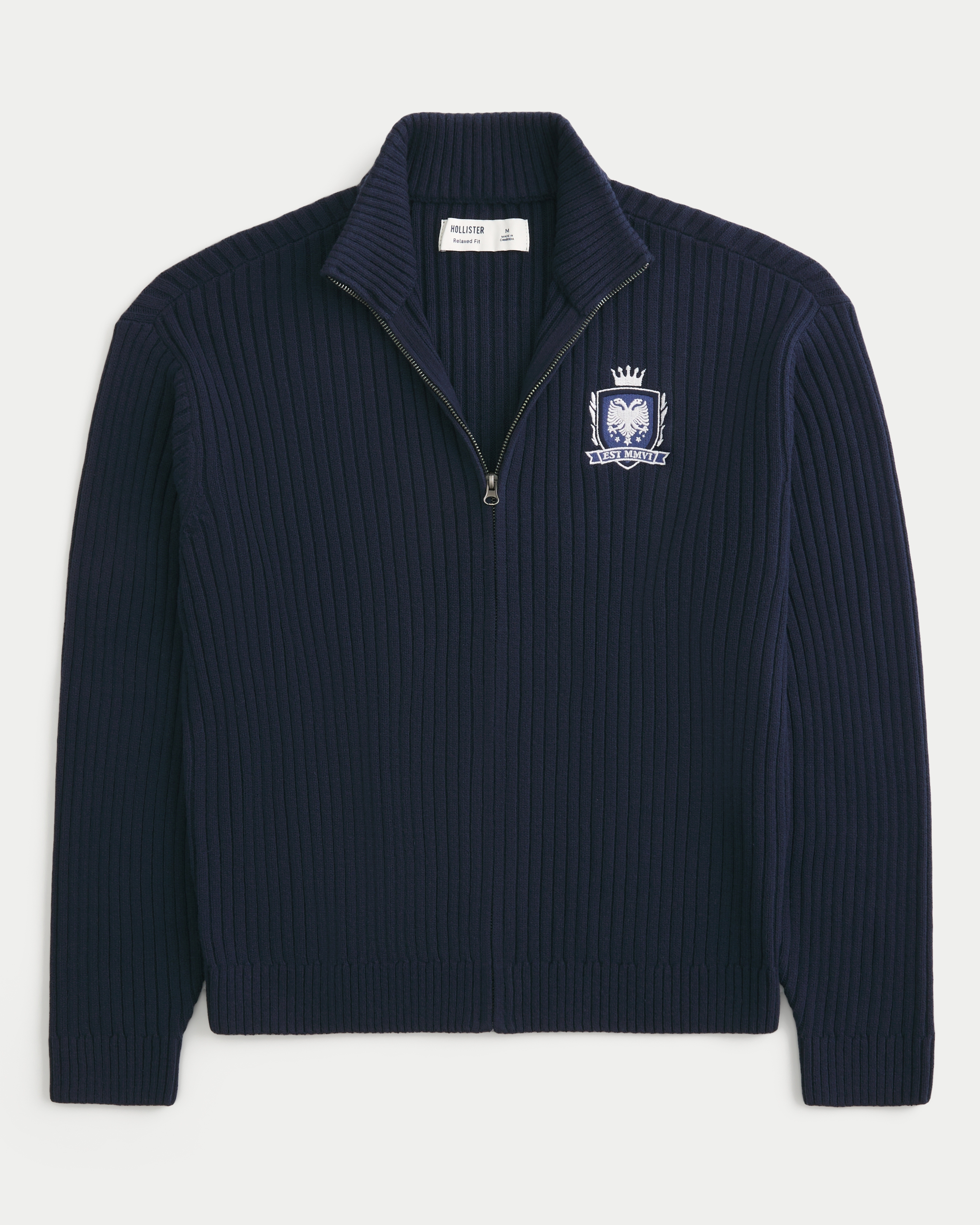 Relaxed Zip-Up Emblem Sweater