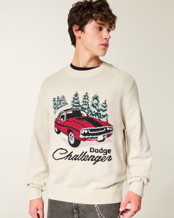 Boxy Dodge Challenger Graphic Crew Sweater, Oatmeal view 1