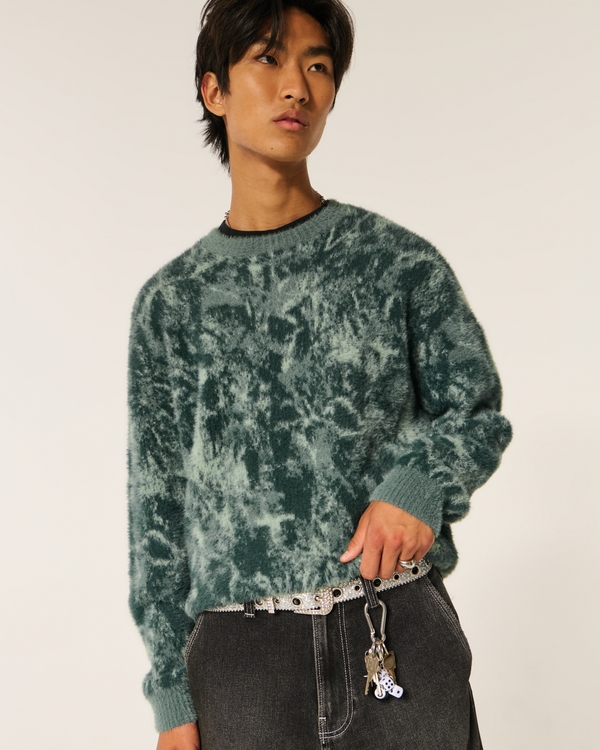 Boxy Fuzzy Crew Sweater, Green Pattern view 1