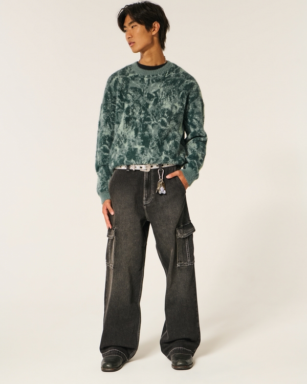 Boxy Fuzzy Crew Sweater, Green Pattern view 2