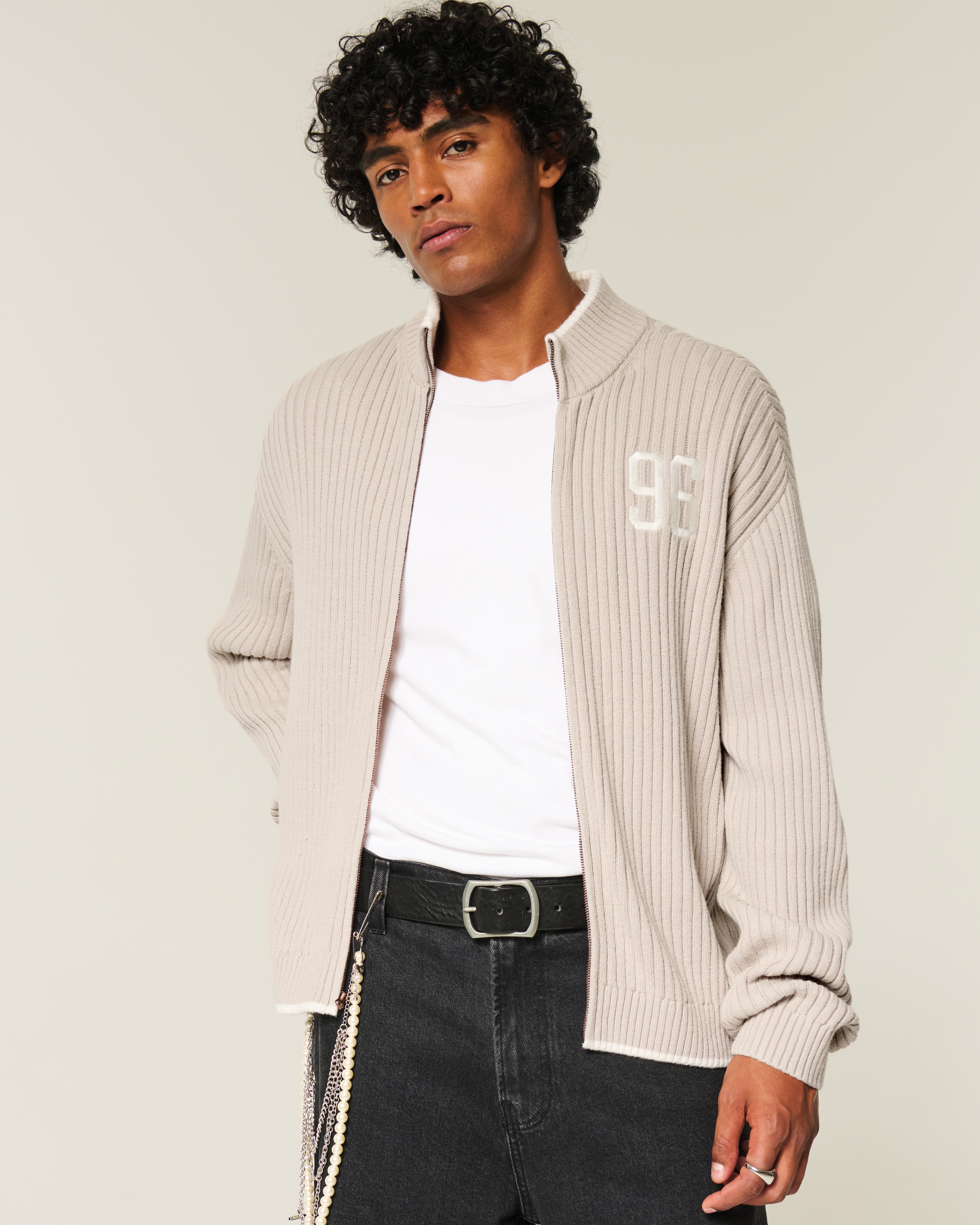 Relaxed Number Graphic Zip-Up Sweater