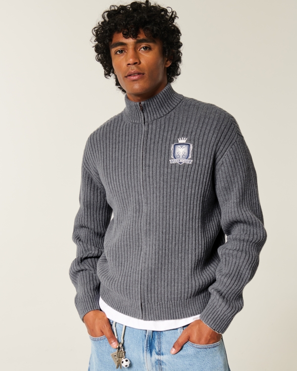 Relaxed Graphic Zip-Up Sweater, Dark Gray view 1