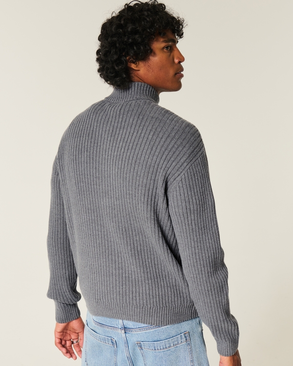 Relaxed Graphic Zip-Up Sweater, Dark Gray view 2