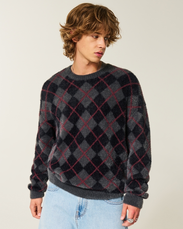 Boxy Fuzzy Crew Sweater, Dark Gray Pattern view 1