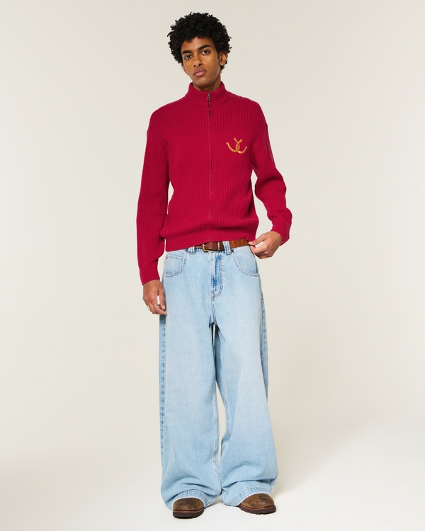 Relaxed Zip-Up Horseshoe Graphic Sweater, Crimson view 2