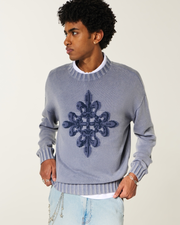 Boxy Graphic Crew Sweater, Faded Slate view 1