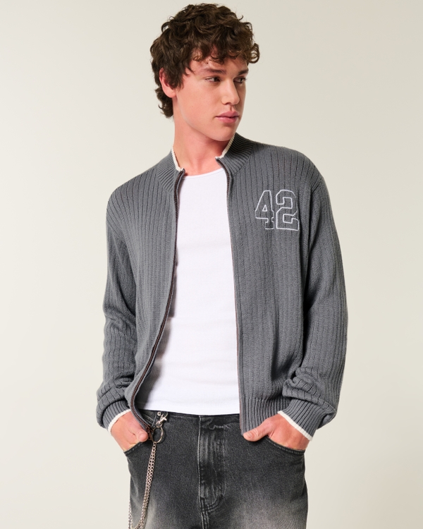 Shrunken Ribbed Zip-Up Sweater, Dark Gray view 1