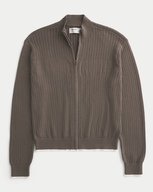 Shrunken Ribbed Zip-Up Sweater, Dark Brown view 1