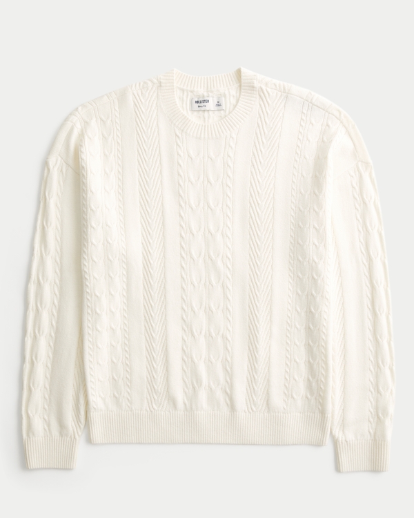 Boxy Cable-Knit Crew Sweater, Cream view 1