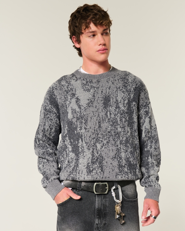 Boxy Pattern Crew Sweater, Gray Pattern view 1