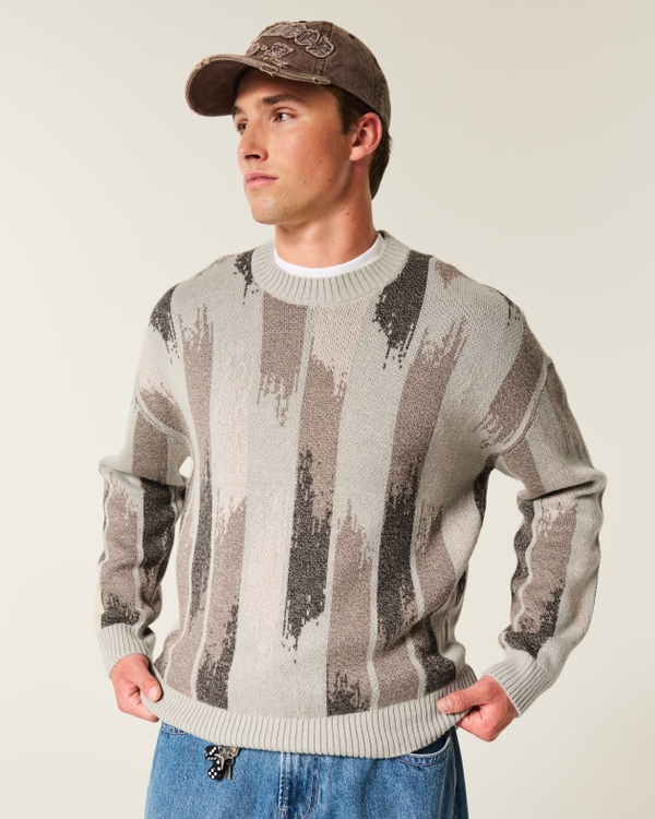 Boxy Pattern Crew Sweater, Taupe Pattern view 1
