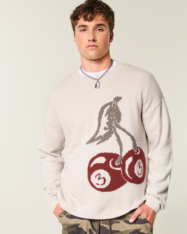 Boxy Cherry Graphic Crew Sweater, Cream view 1
