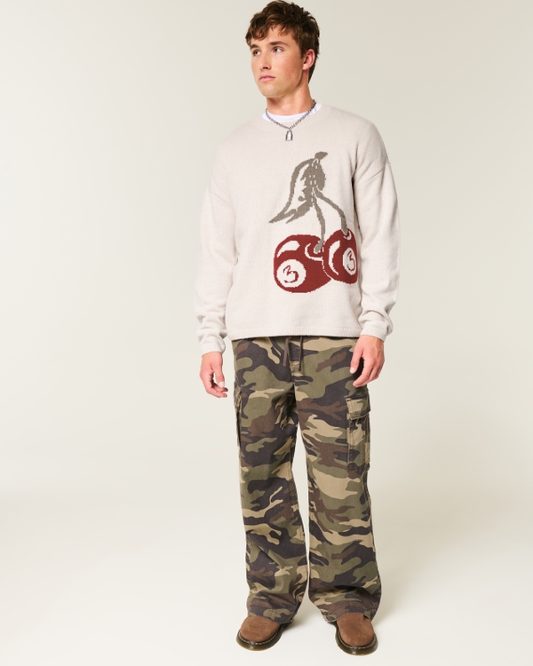 Boxy Cherry Graphic Crew Sweater, Cream view 2