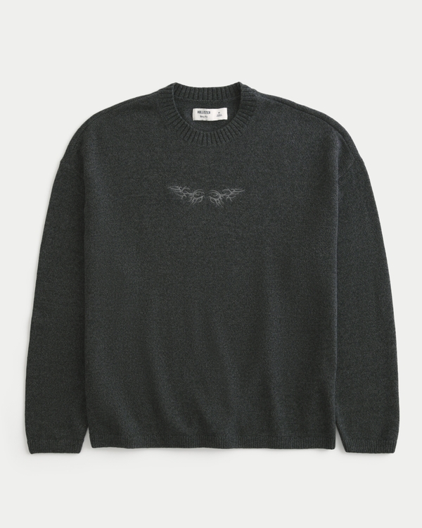 Boxy Graphic Crew Sweater, Heather Black view 1