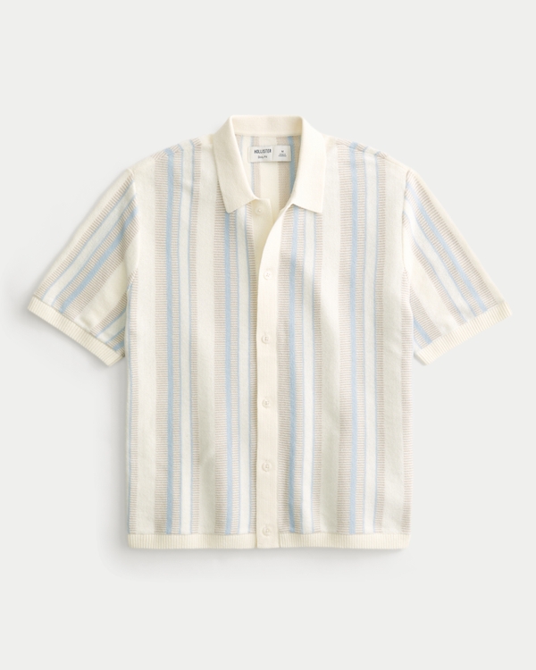 Boxy Short-Sleeve Sweater Shirt, Cream Stripe view 1