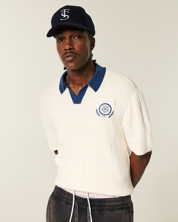 Boxy Short-Sleeve Sweater Polo, Cream view 1