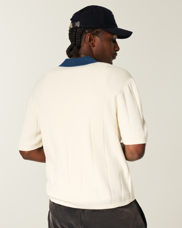 Boxy Short-Sleeve Sweater Polo, Cream view 2