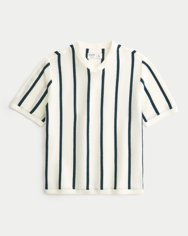Boxy Short-Sleeve Sweater Polo, Cream Stripe view 1