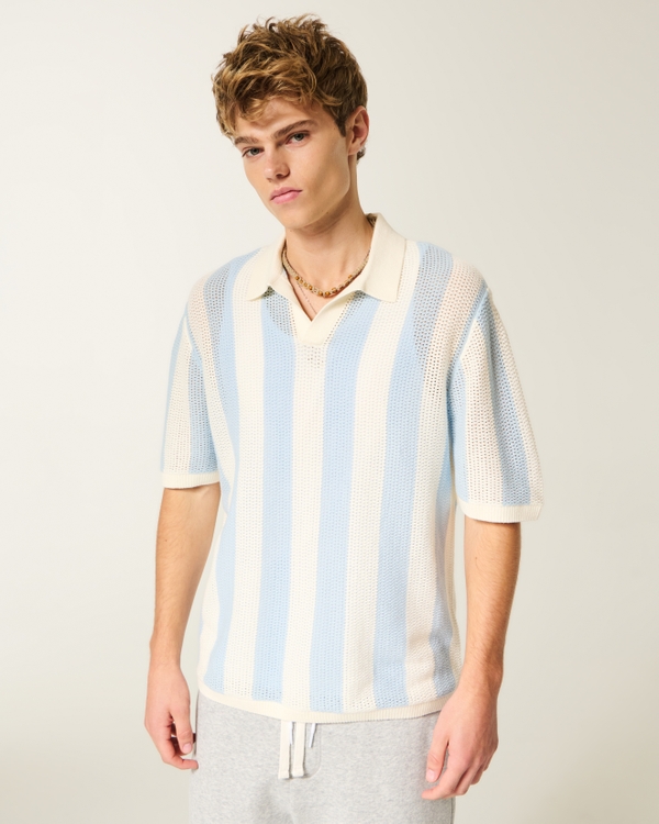 Boxy Short-Sleeve Sweater Polo, Light Blue Stripe view 1