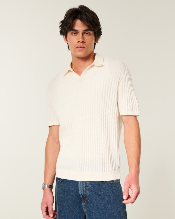 Boxy Short-Sleeve Sweater Polo, Cream view 1