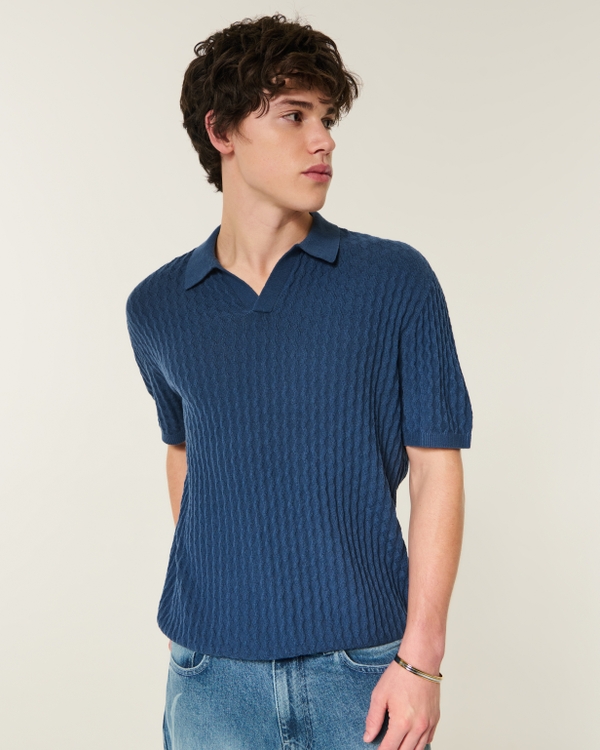 Boxy Short-Sleeve Sweater Polo, Navy Blue view 1