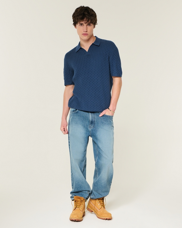 Boxy Short-Sleeve Sweater Polo, Navy Blue view 2