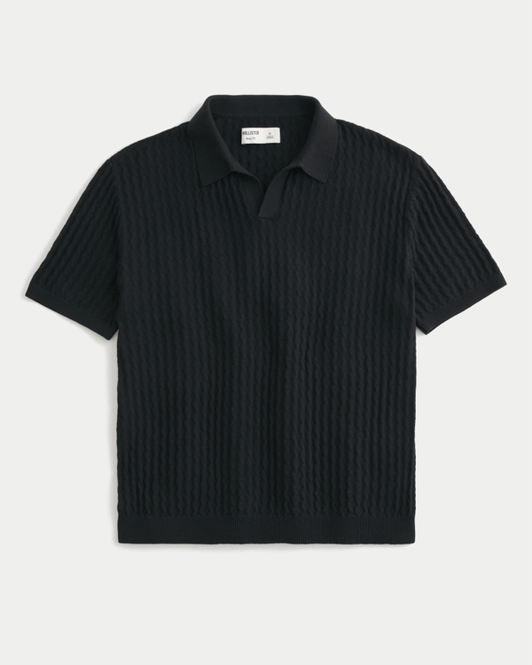 Boxy Short-Sleeve Sweater Polo, Black view 1