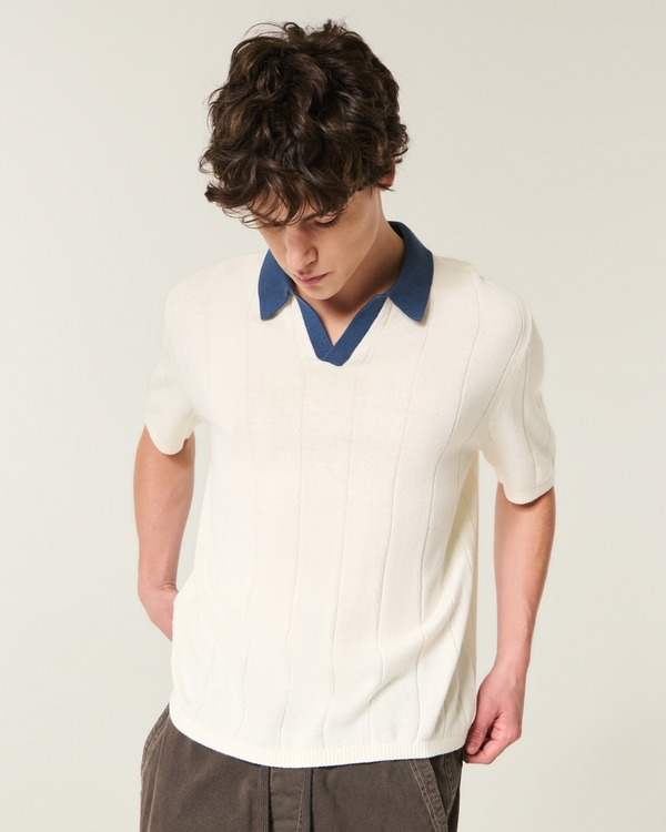 Boxy Short-Sleeve Soccer Sweater Polo, Cream view 1