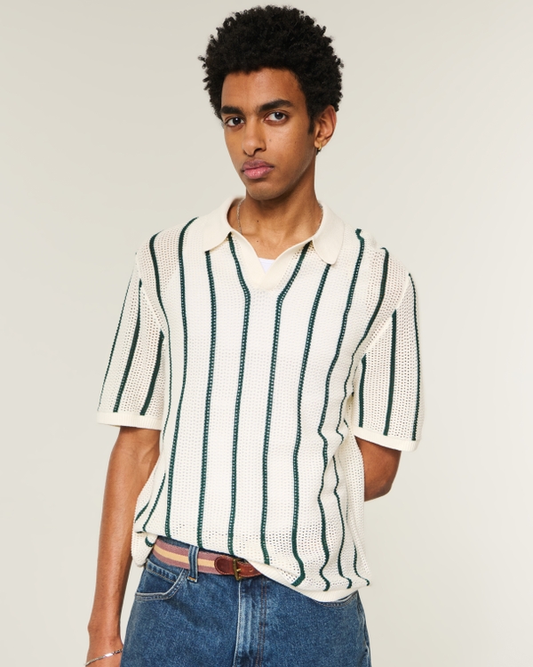 Boxy Short-Sleeve Soccer Sweater Polo, Cream And Dark Green Stripe view 1