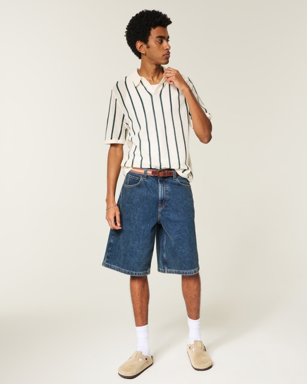 Boxy Short-Sleeve Soccer Sweater Polo, Cream And Dark Green Stripe view 2