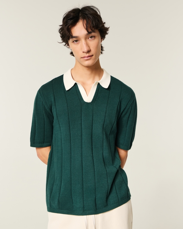 Boxy Short-Sleeve Soccer Sweater Polo, Dark Green view 1