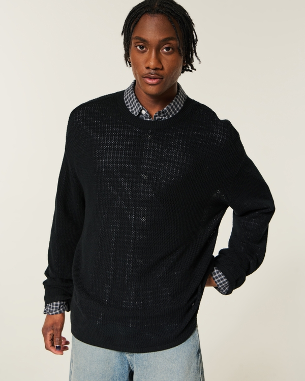 Boxy Crochet-Style Crew Sweater, Black view 1