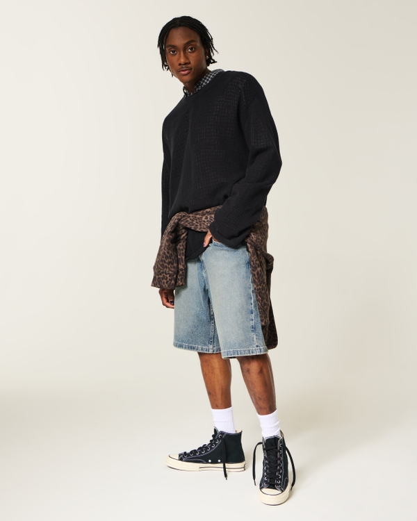 Boxy Crochet-Style Crew Sweater, Black view 2