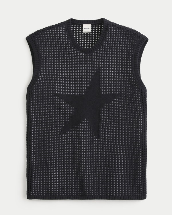 Crochet-Style Star Graphic Sweater Tank, Black view 1