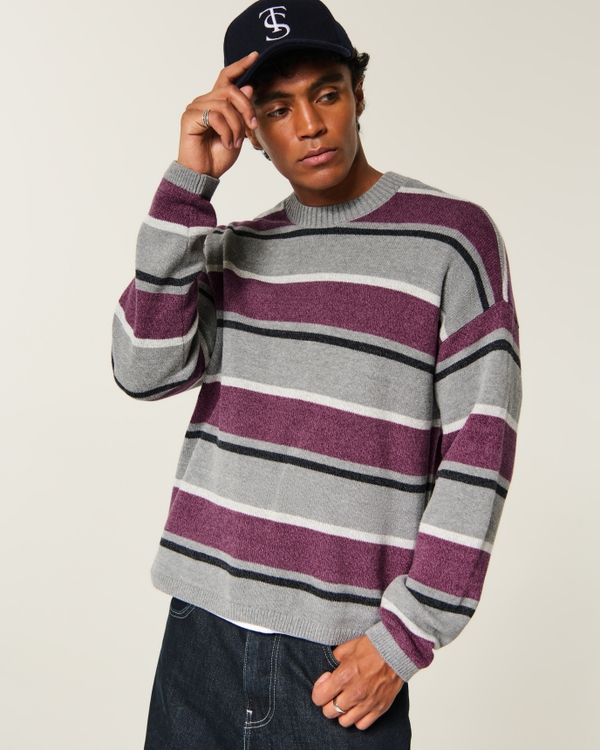 Boxy Striped Crew Sweater, Gray Stripe view 1