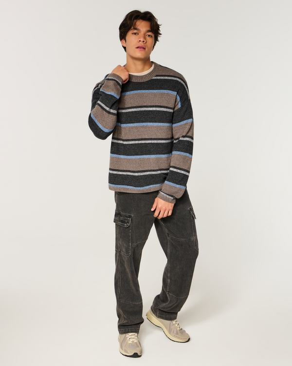 Boxy Striped Crew Sweater, Brown Stripe view 2