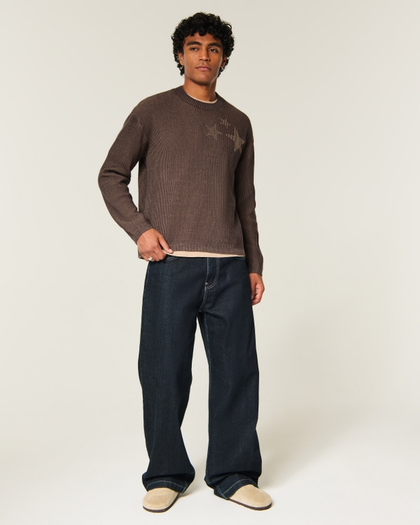 Boxy Star Graphic Crew Sweater, Brown view 2