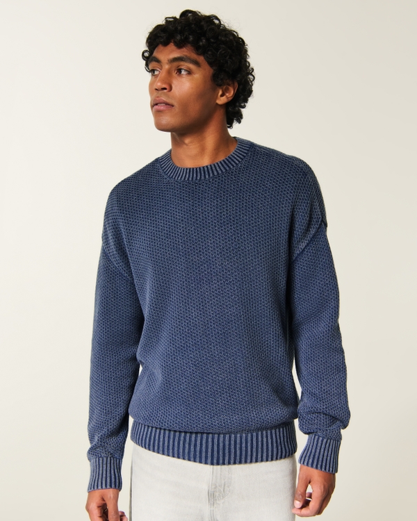 Boxy Washed Seedstitch Crew Sweater, Navy view 1