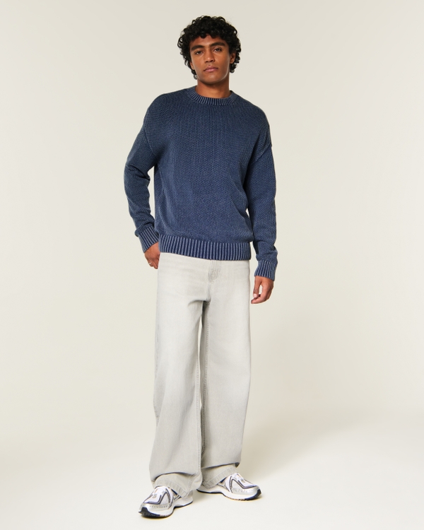 Boxy Washed Seedstitch Crew Sweater, Navy view 2