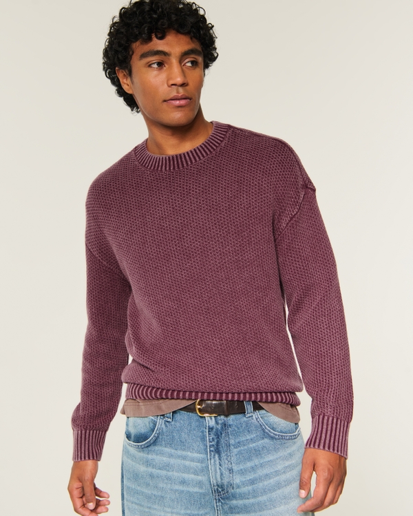 Boxy Washed Seedstitch Crew Sweater, Burgundy view 1