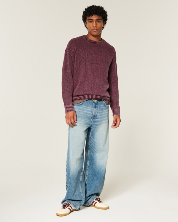 Boxy Washed Seedstitch Crew Sweater, Burgundy view 2
