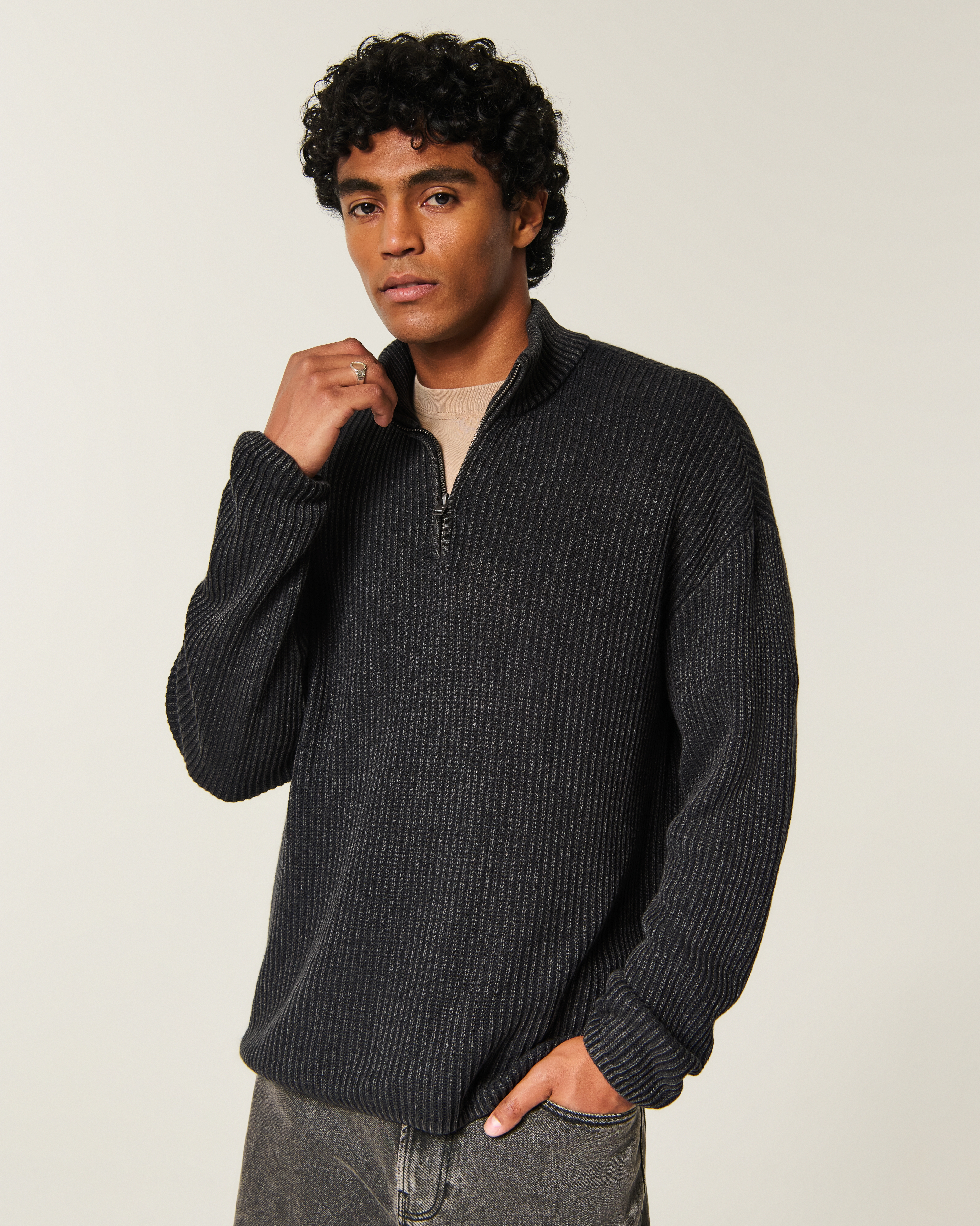 Boxy Heavyweight Washed Quarter-Zip Sweater