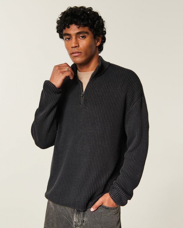Boxy Heavyweight Washed Quarter-Zip Sweater, Black view 1