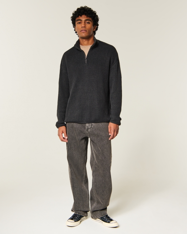 Boxy Heavyweight Washed Quarter-Zip Sweater, Black view 2