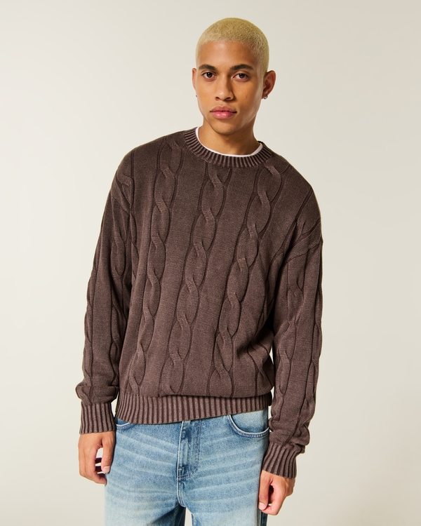 Boxy Washed Cable-Knit Crew Sweater, Dark Brown view 1