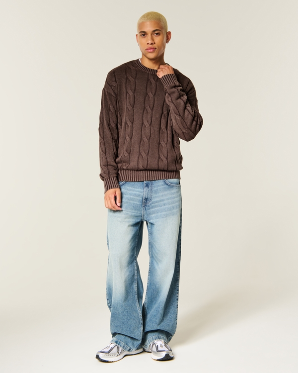 Boxy Washed Cable-Knit Crew Sweater, Dark Brown view 2