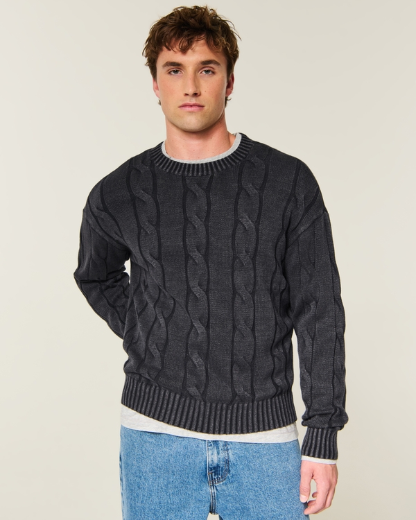 Boxy Washed Cable-Knit Crew Sweater