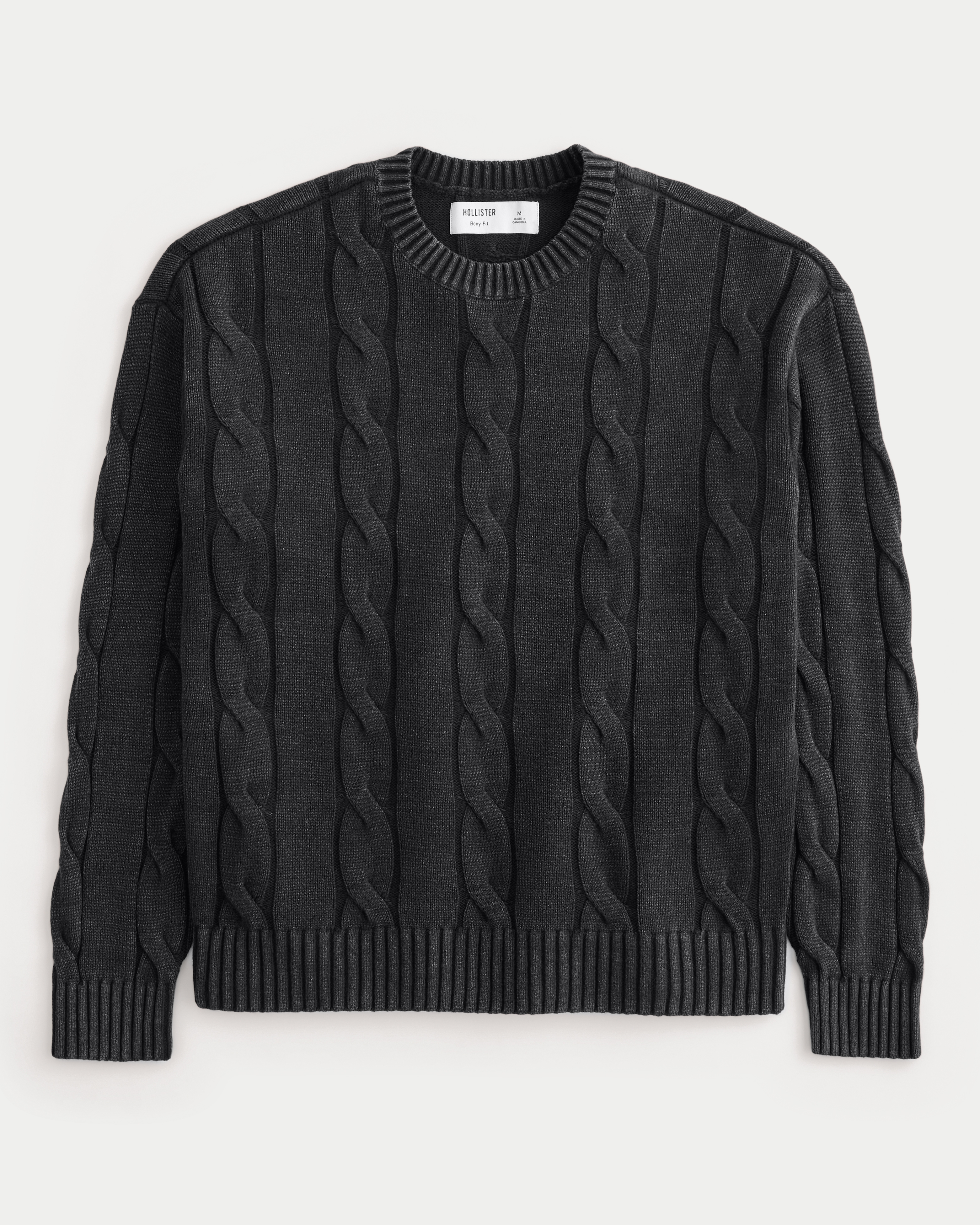 Boxy Washed Cable-Knit Crew Sweater