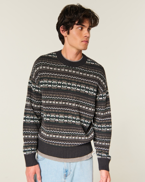 Boxy Pattern Crew Sweater, Charcoal Stripe view 1