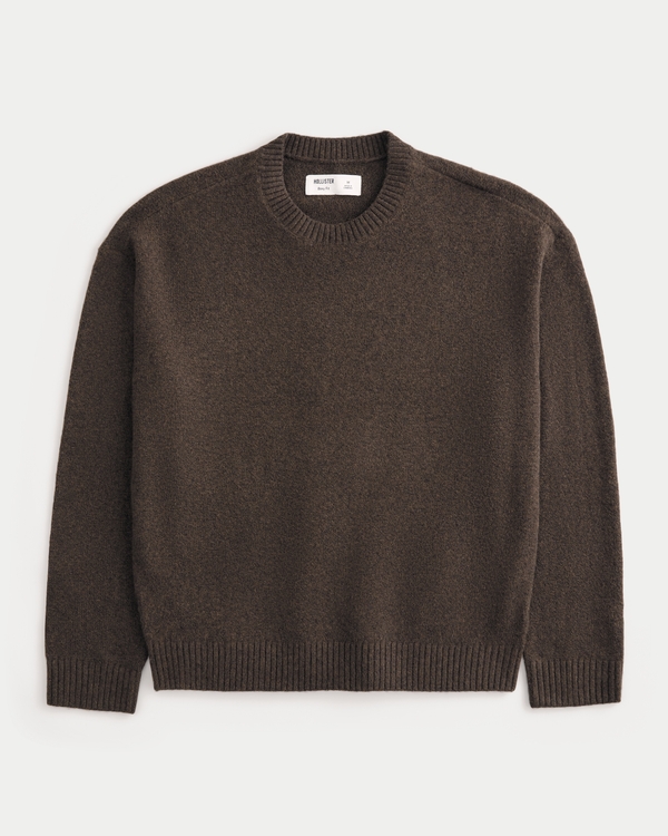 Boxy Textural Crew Sweater, Dark Heather Brown view 1